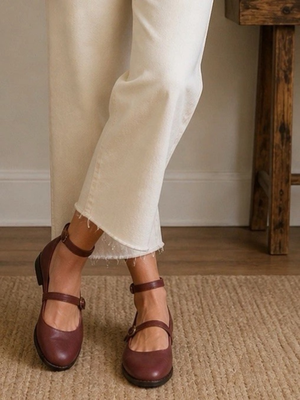 Women's Burgandy Leather Mary Jane Ankle-Strap Flats